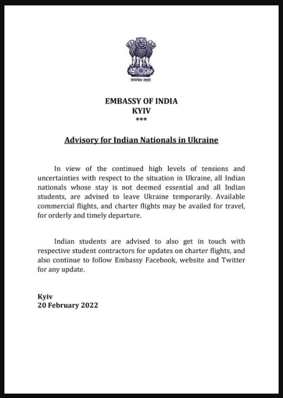 Indian Embassy Ukraine Issues Advisory