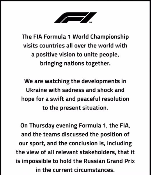 Formula 1 banned Russia in Upcoming Events