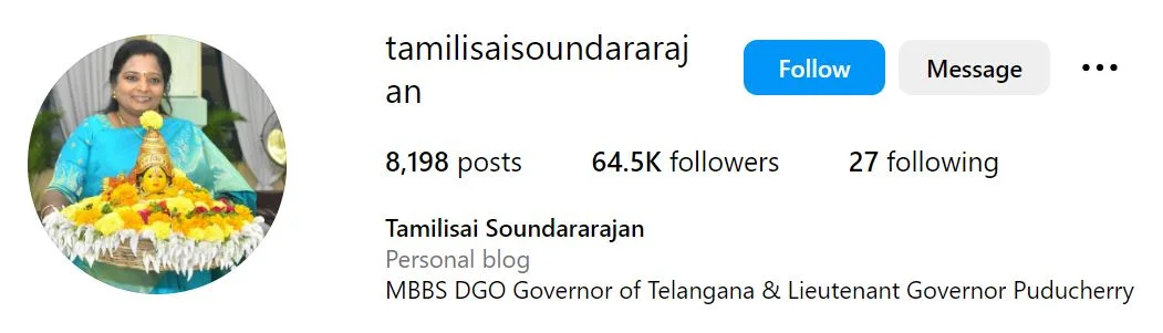 Tamilisai Soundararajan's Instagram account