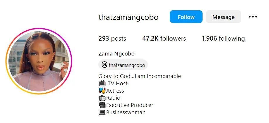 Zama Ngcobo's Instagram account
