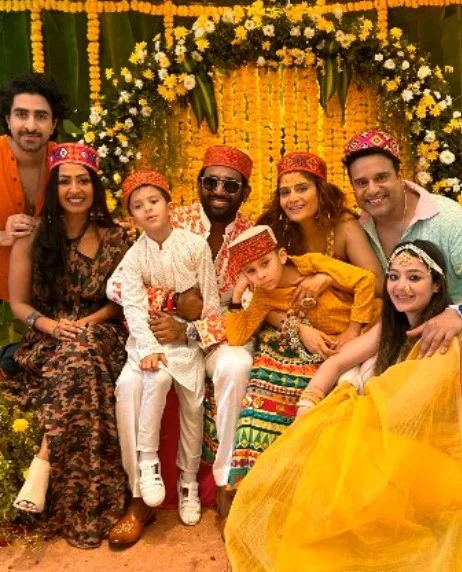 Dipak Chauhan and Arti Singh with family at their haldi ceremony