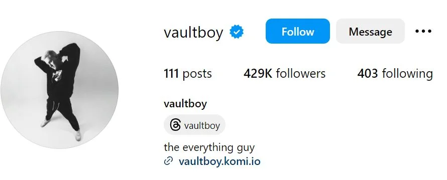 Vaultboy's Instagram